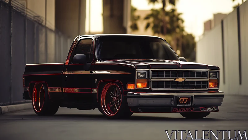 Custom lowered Chevy pickup with red-accent rims at dusk.