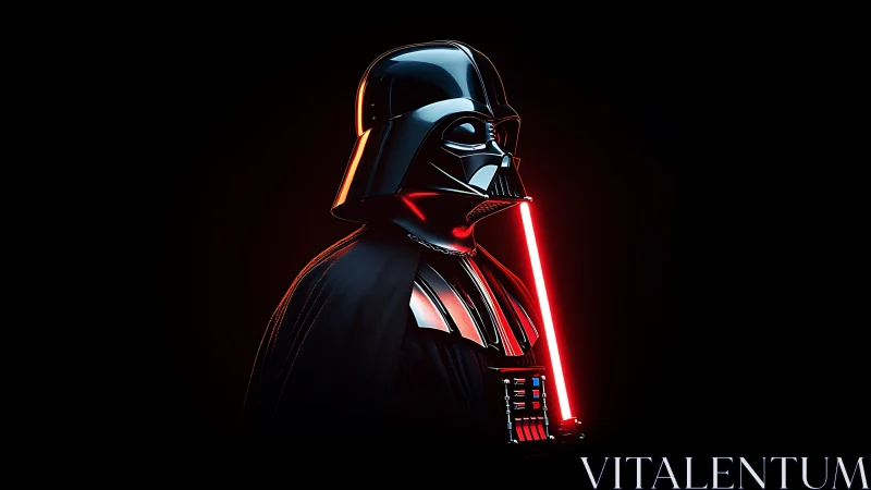 High-contrast sci-fi armor portrait with emissive red lightsaber glow