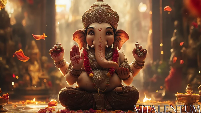 Ganesh idol sits centered in ornate temple with flower petals