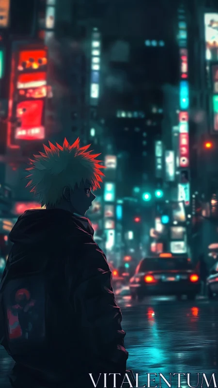 Neon-soaked loner in rain-slicked anime city street at night.