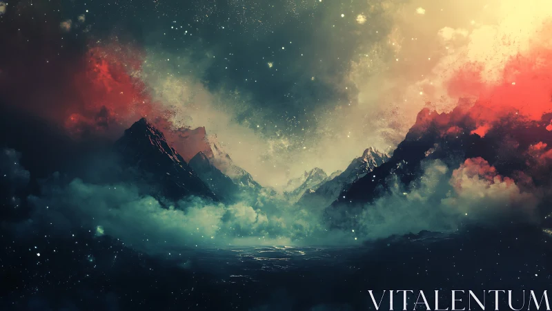 Surreal mountain range under nebula sky with dense clouds.