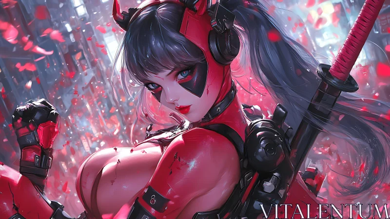 Cyberpunk demon warrior in red tactical armor artwork.