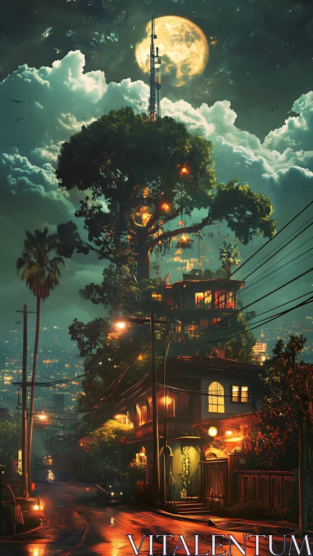 Moonlit cyber treehouse above neon soaked city street.