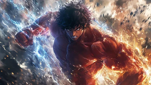 Elemental-powered anime fighter in dynamic explosive charge