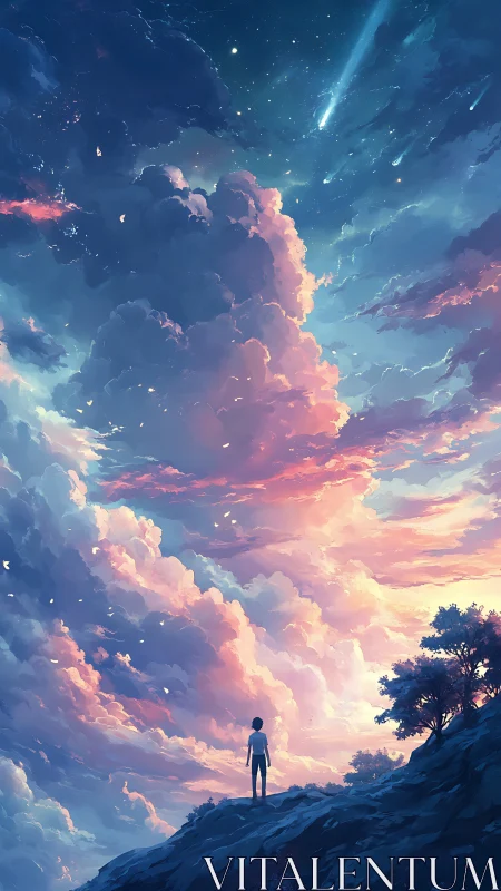 Solitary figure gazes at luminous clouds and falling stars.