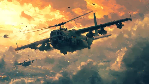 Gunship squadron cuts through burning clouds at sunset