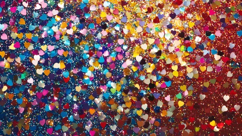 Glittering heart confetti swirling in a lively color storm.