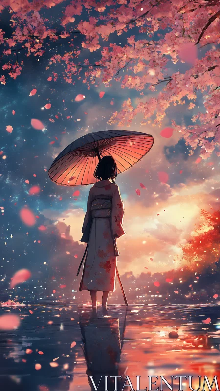 Umbrella dreams beneath blazing cherry blossom twilight sky.