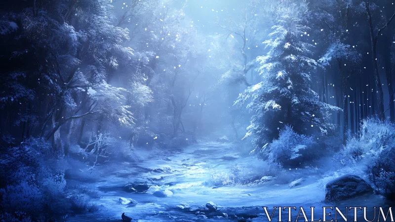 Silent winter forest glows gently under drifting snow