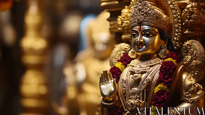 Golden deity gleams in temple light with jeweled serenity.