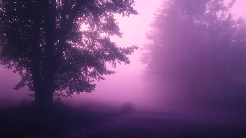 Tree silhouettes in dense purple fog over grassy field.