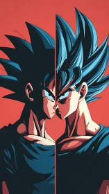 Split-screen blue-haired anime warrior portrait on red field