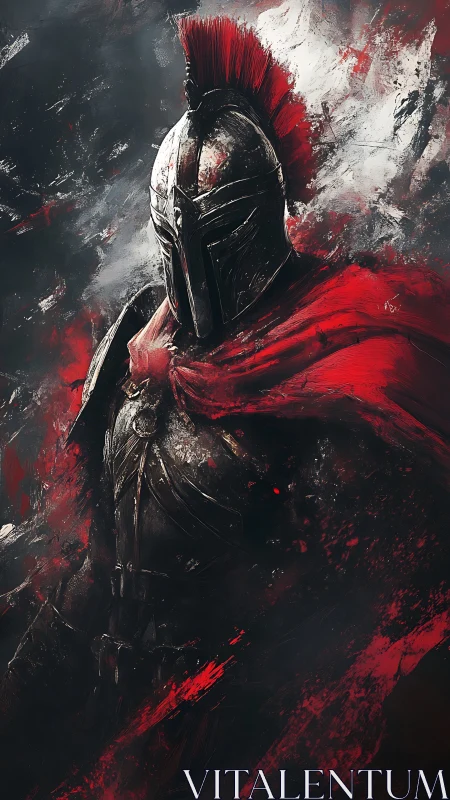 Spartan warrior in crimson cloak amid storm of brushstrokes.