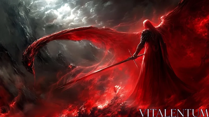 Crimson-winged reaper stalking a storm-torn infernal sky.