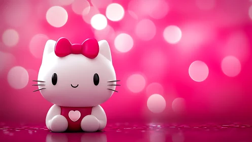 Glossy stylized cat figurine on reflective pink bokeh ground