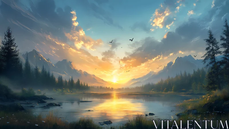 Sunrise illuminates tranquil alpine lake with misty pines