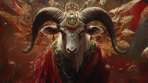 Horned goat in ornate ceremonial attire with gold elements.