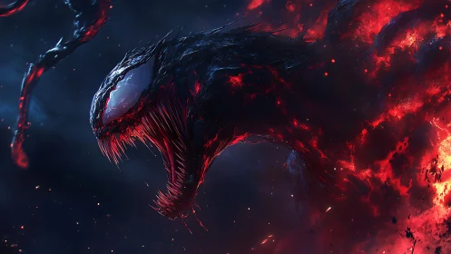 Infernal symbiote serpent erupts through burning void