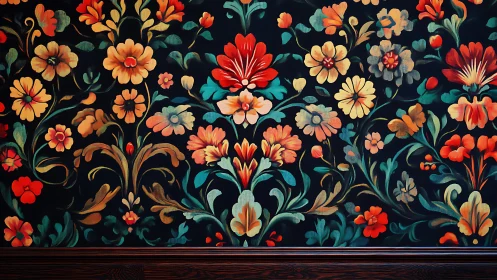 Bold floral wall mural with rich dark background pattern.