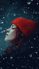 Side profile of person in red hat under falling snowflakes