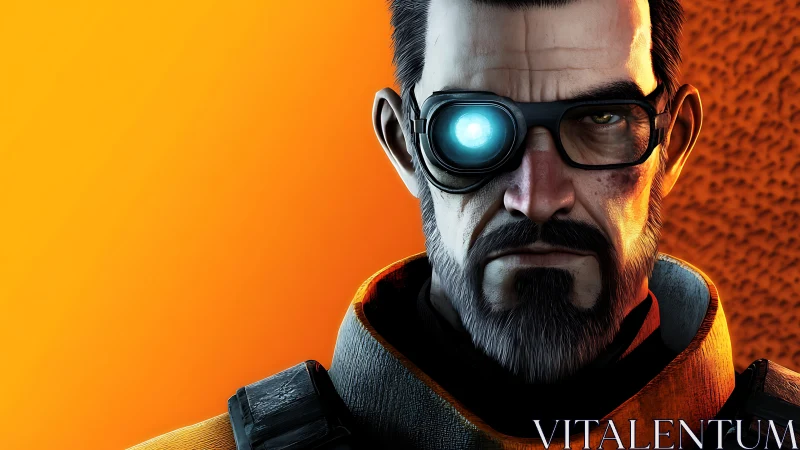 Stoic cyber-commander with blazing monocle glare portrait.