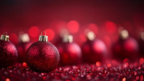 Glittering red ornaments in a cozy holiday daydream.