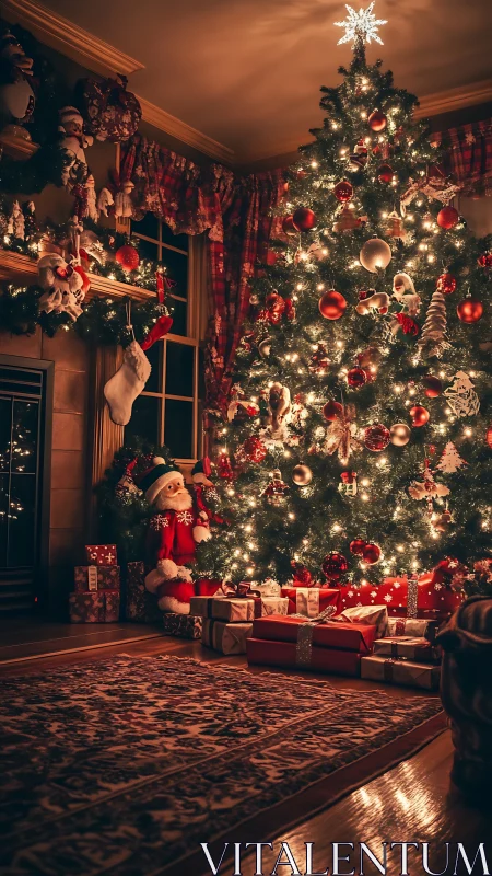 Illuminated living room Christmas tree with gifts and decor