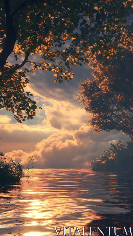 Warm sunset reflections across a quiet forest lake.