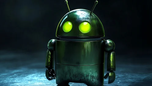 Chromed cylindrical android with bioluminescent ocular sensors.