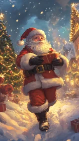Santa strides through snowy street with glowing gift box.