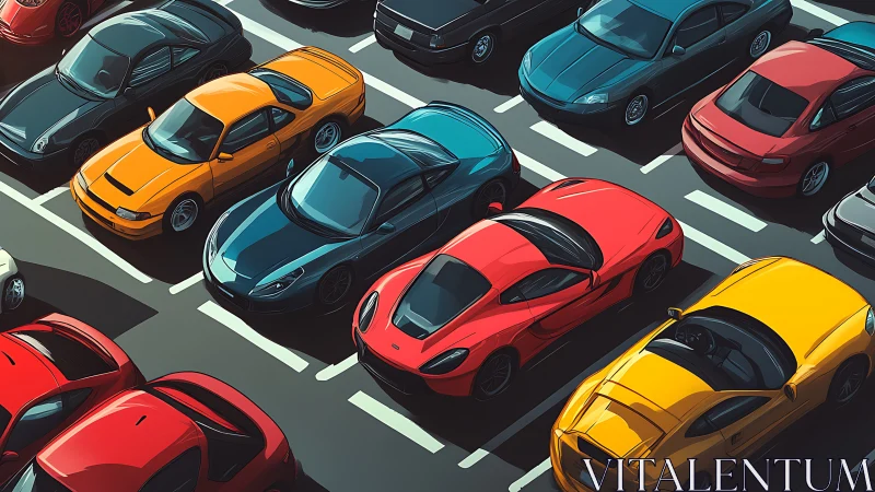 Colorful sports cars parked in a busy outdoor lot scene.