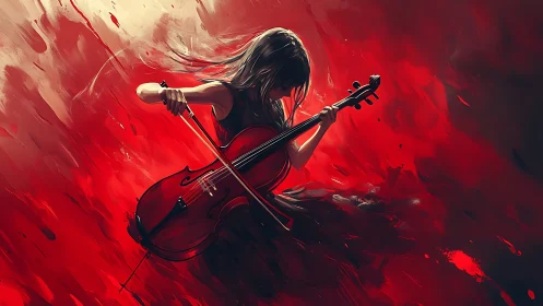 Woman plays cello in intense red abstract motion scene.