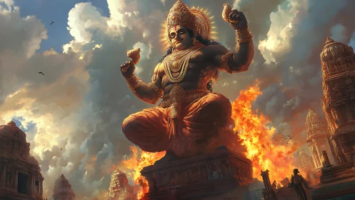 Colossal fire-veiled deity over temple city in ascension.