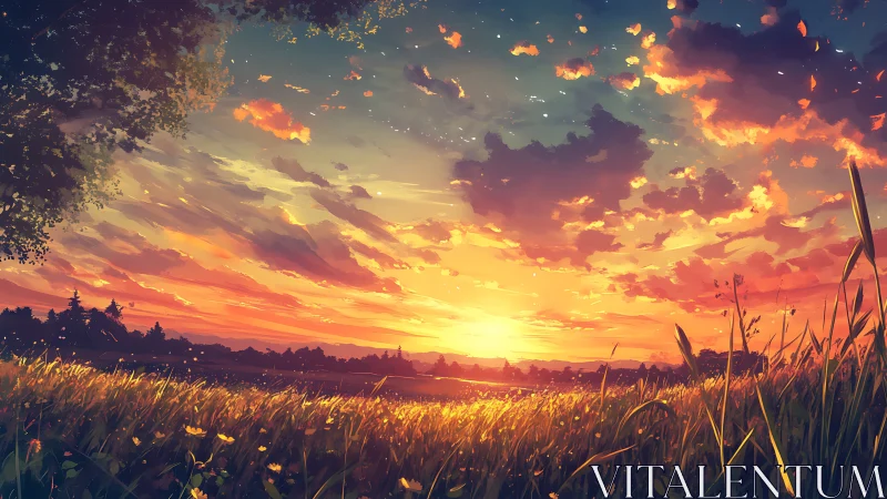 Vibrant rural meadow sunset with painterly cloud formations.