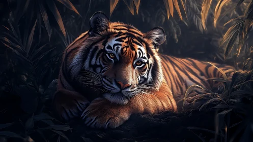 Photorealistic tiger portrait in low-key jungle lighting.