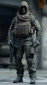 Futuristic tactical operator in hooded stealth combat gear.