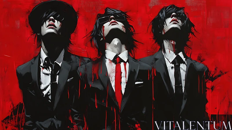 Three suited male figures stand against a flat red backdrop