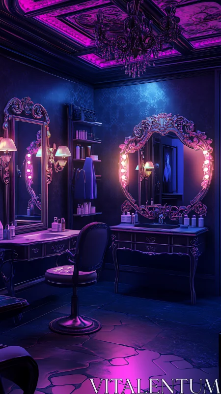 Neo-baroque vanity interior under magenta-blue neon ambience.