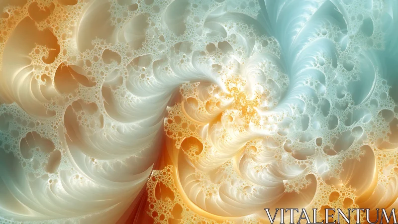 Swirling fractal curves in soft teal, white, and gold tones.