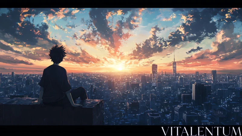 Solitary rooftop silhouette watching luminous city sunset.