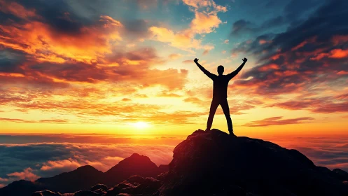 Silhouette stands triumphant on mountain peak at vivid sunrise