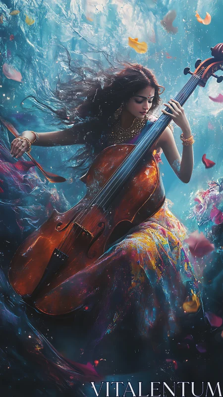 Underwater cellist channels cosmic currents and color.