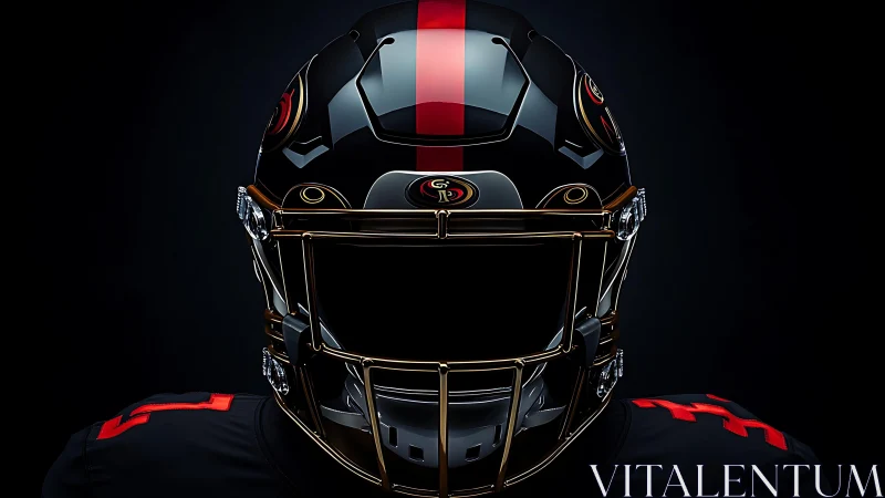 Bold black football helmet shines with sleek red accents