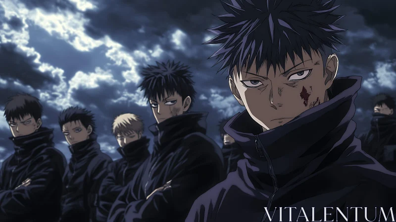 Brooding anime squad stands beneath stormy twilight sky.