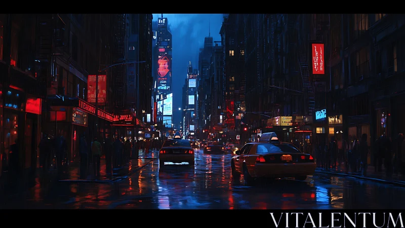 Neon city street glows through midnight rainstorm reflections.