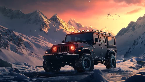 Off-road utility 4x4 rendered in glacial alpine sunset light.