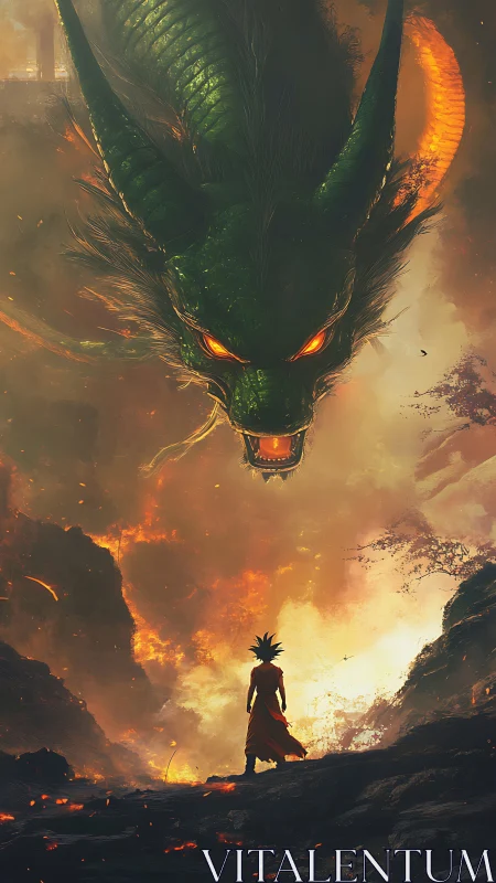 Warrior confronts colossal dragon above burning volcanic valley