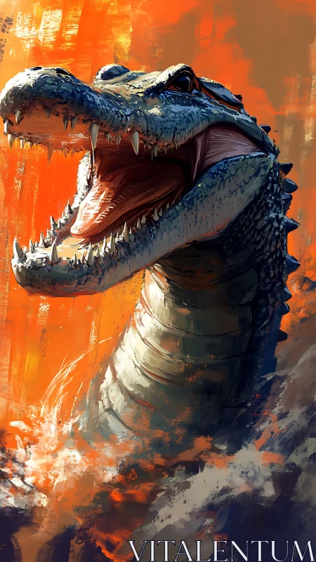 Crocodile surges from turbulent water against blazing sky