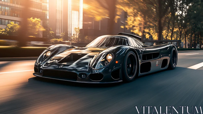 Low-angle render shows black race car moving through city street