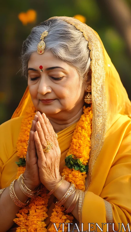 Elderly Indian woman in golden saree offering morning prayer.